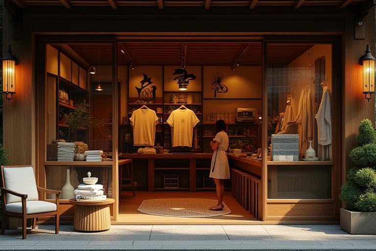 Image of Iroha T-Shirts physical storefront in Kyoto or a scene showing traditional craftsmanship intersecting with modern printing.
